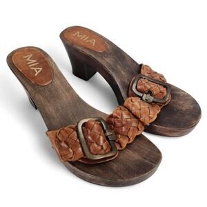 MIA Woven Leather Wood Platform Sandals Brown Buckle Slide Heels Size 8